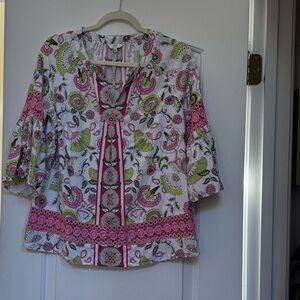 Crown & Ivy Vibrant Pink and Green Patterned Blouse